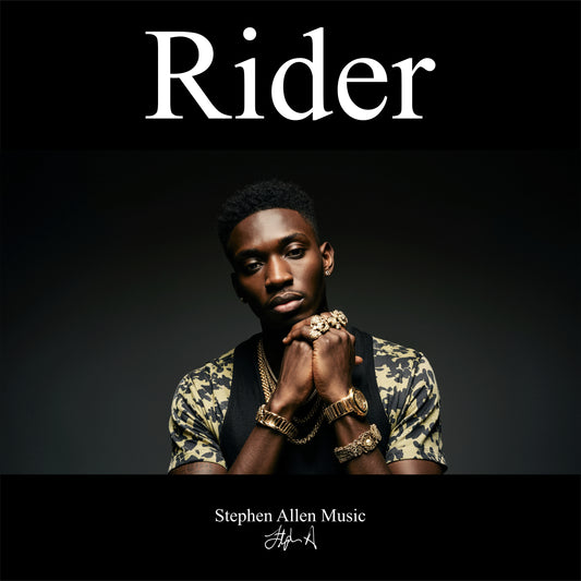 Album cover with a person wearing gold jewelry against a black background, featuring the title 'Rider' and artist name 'Stephen Allen Music'.