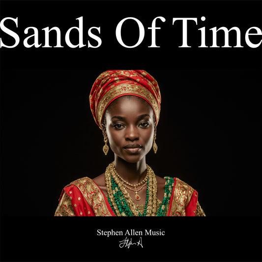 Album cover with a woman in traditional attire and 'Sands Of Time' text on a black background Stephen Allen Music