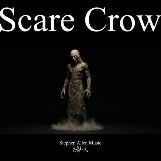 Scary scarecrow figure on a black background with 'Scare Crow' text above. Stephen Allen Music