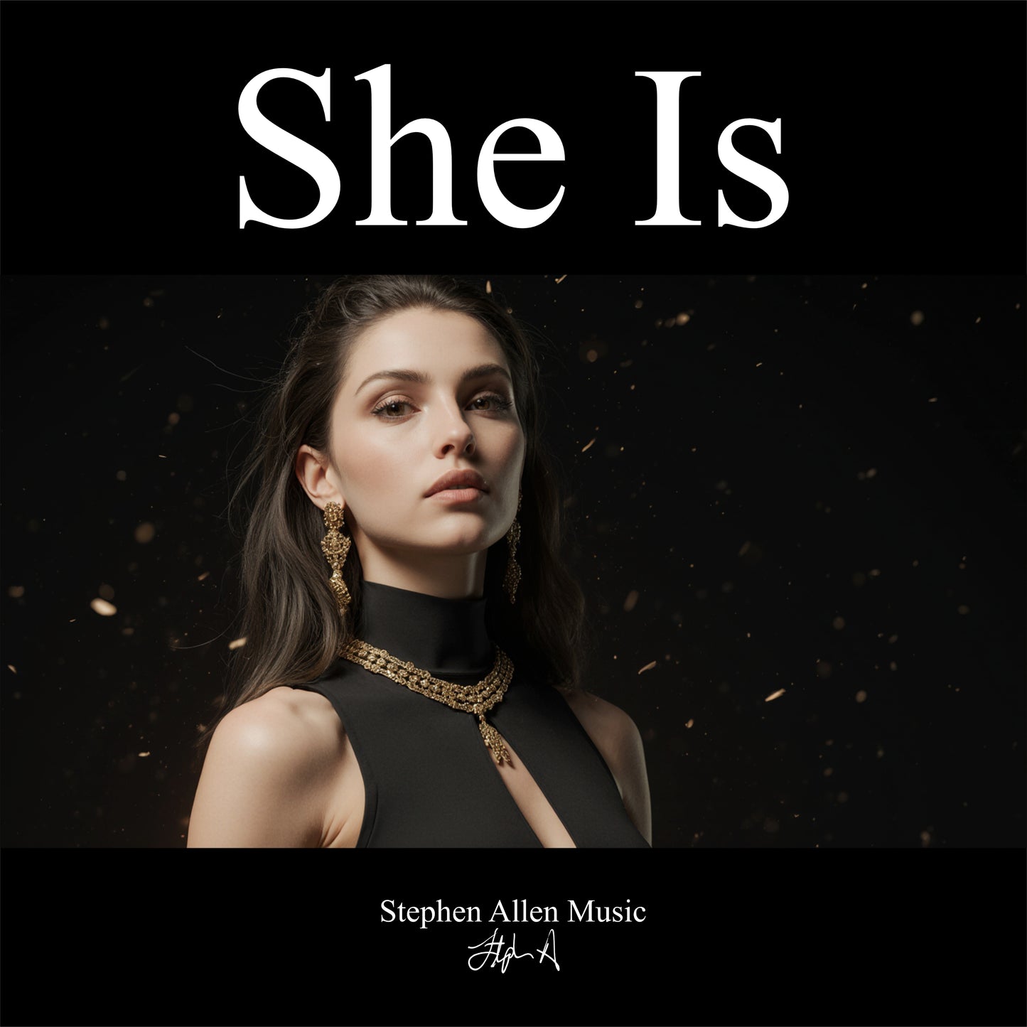 Album cover with a woman in a black dress against a dark background, featuring the text 'She Is' and 'Stephen Allen Music'.
