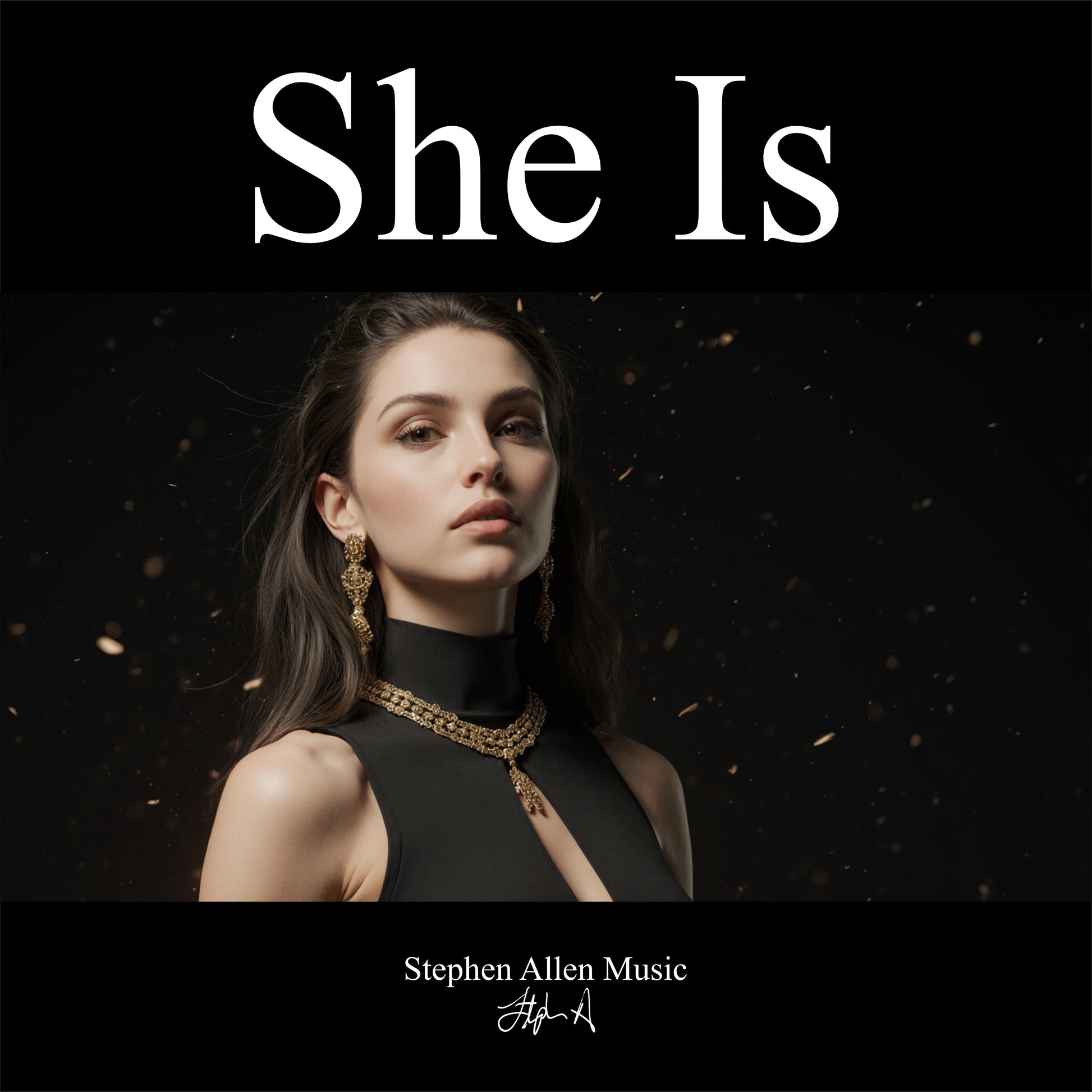 Album cover with a woman in a black dress against a dark background, featuring the text 'She Is' and 'Stephen Allen Music'.