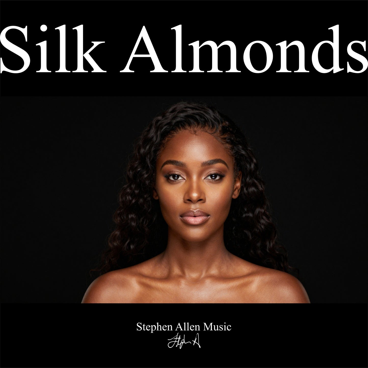 Album cover with a woman's face and 'Silk Almonds' text on a black background Stephen Allen Music