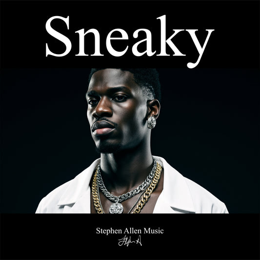 Album cover with a person wearing gold chains and the title 'Sneaky' above, on a black background. Stephen Allen Music