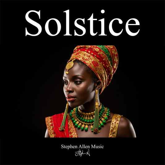 Album cover with a person wearing traditional jewelry and headgear, featuring the text 'Solstice' and 'Stephen Allen Music'.
