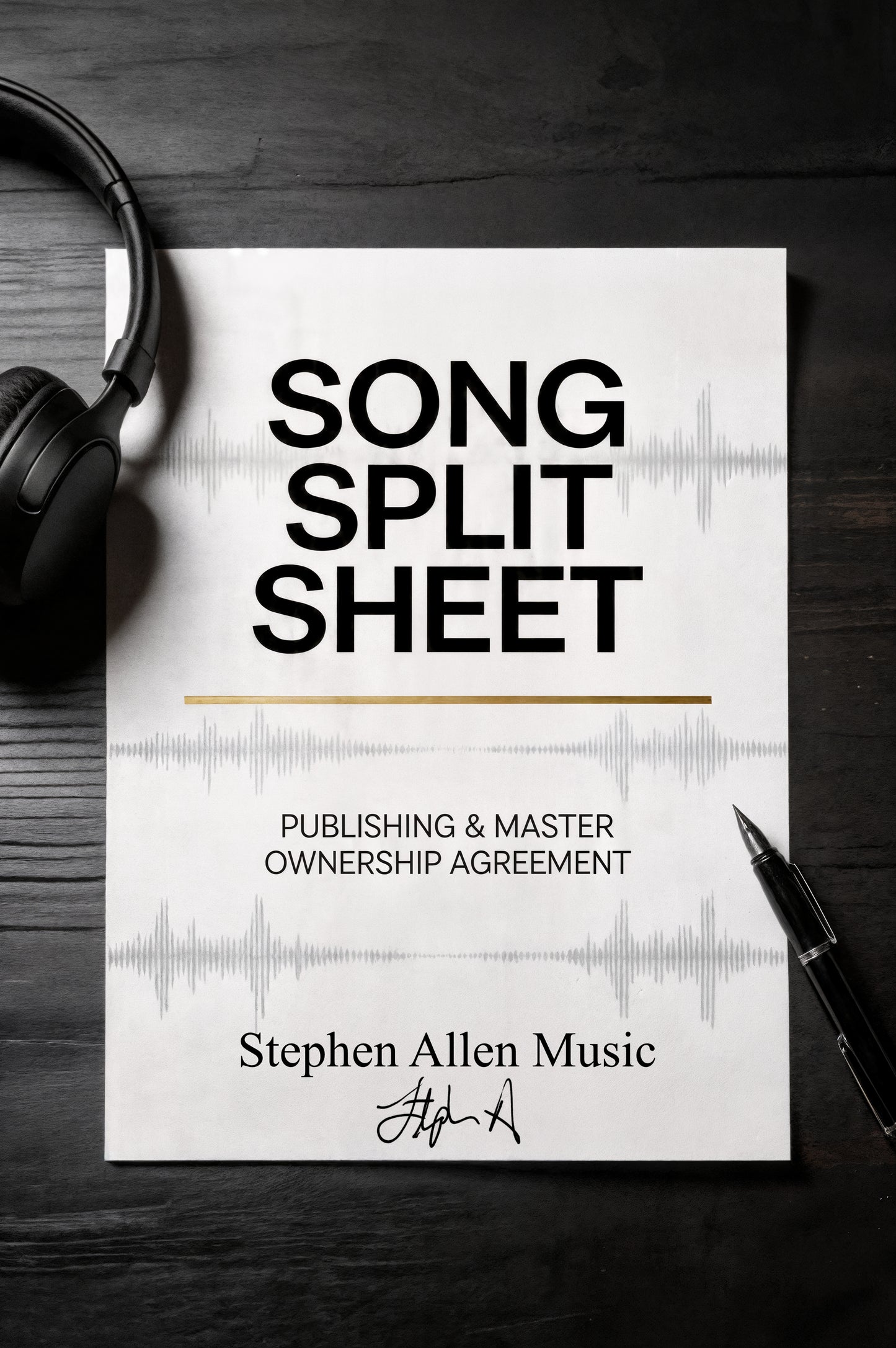Song split sheet with 'Stephen Allen Music' on a dark surface with headphones and pen.