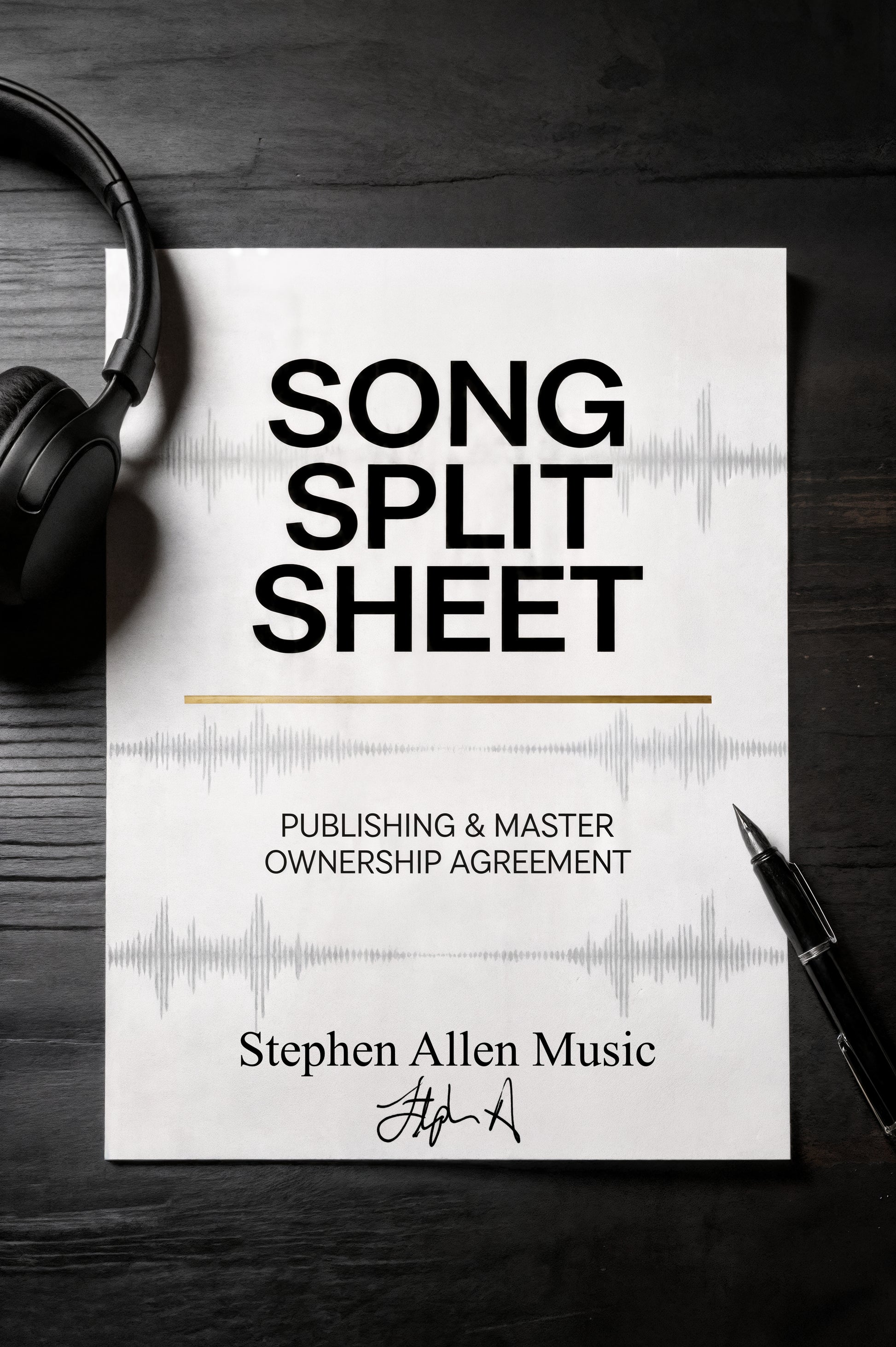 Song split sheet with 'Stephen Allen Music' on a dark surface with headphones and pen.