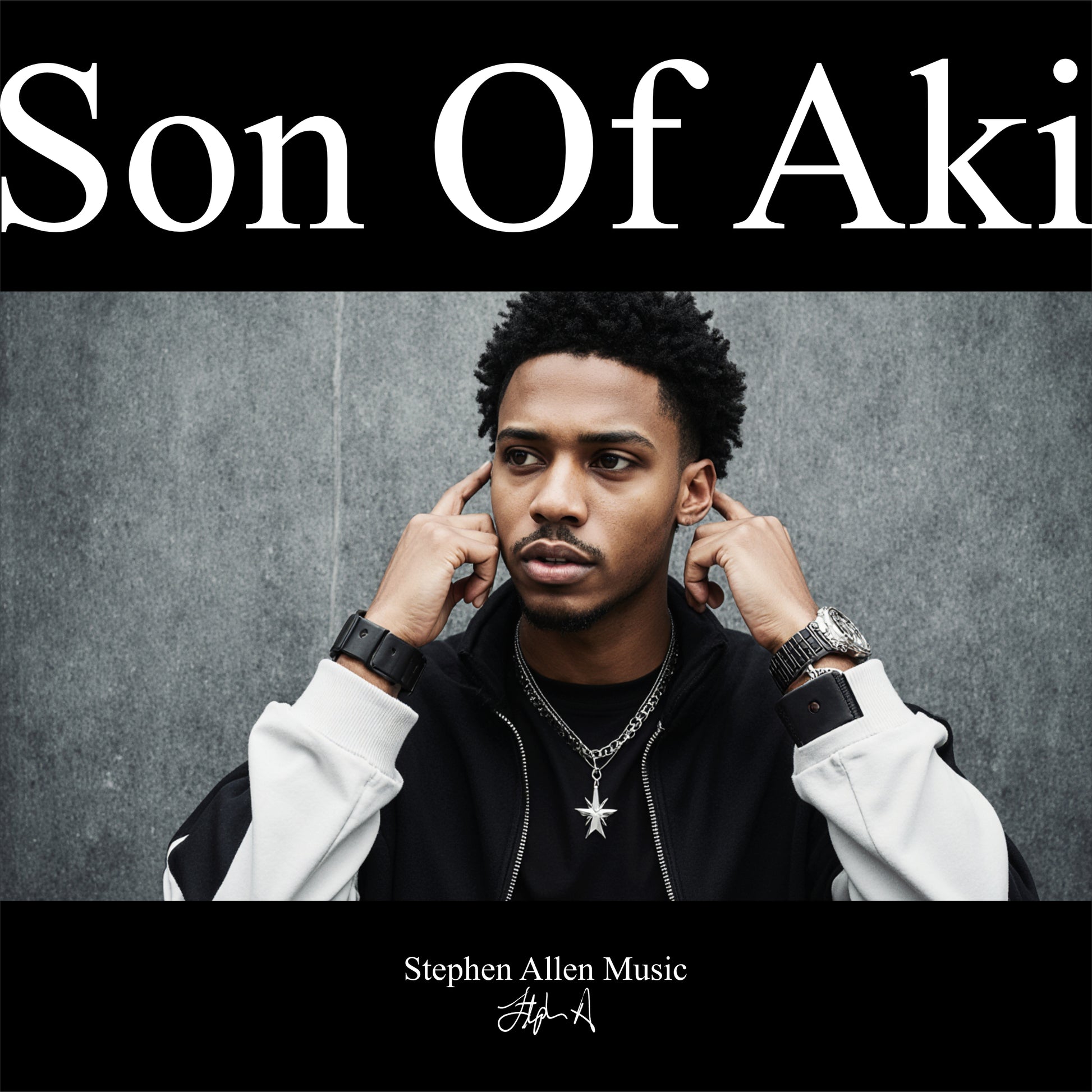 Album cover with a person against a gray background and 'Son Of Aki' text at the top. Stephen Allen Music