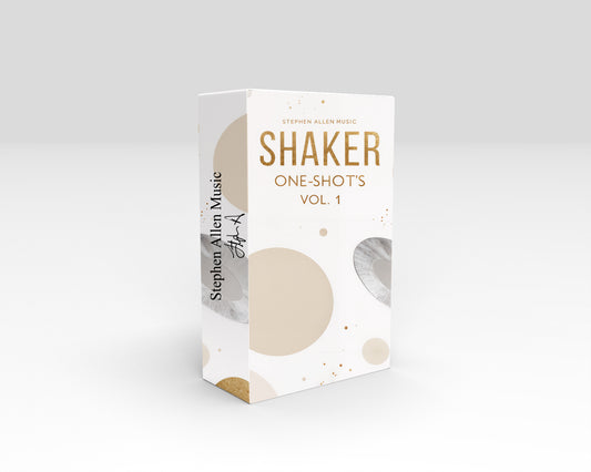 Music product packaging for 'Shaker One-Shots Vol. 1' by Stephen Allen Music on a white background