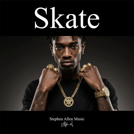 Album cover with a person wearing gold jewelry against a dark background, featuring the word 'Skate' and 'Stephen Allen Music'.