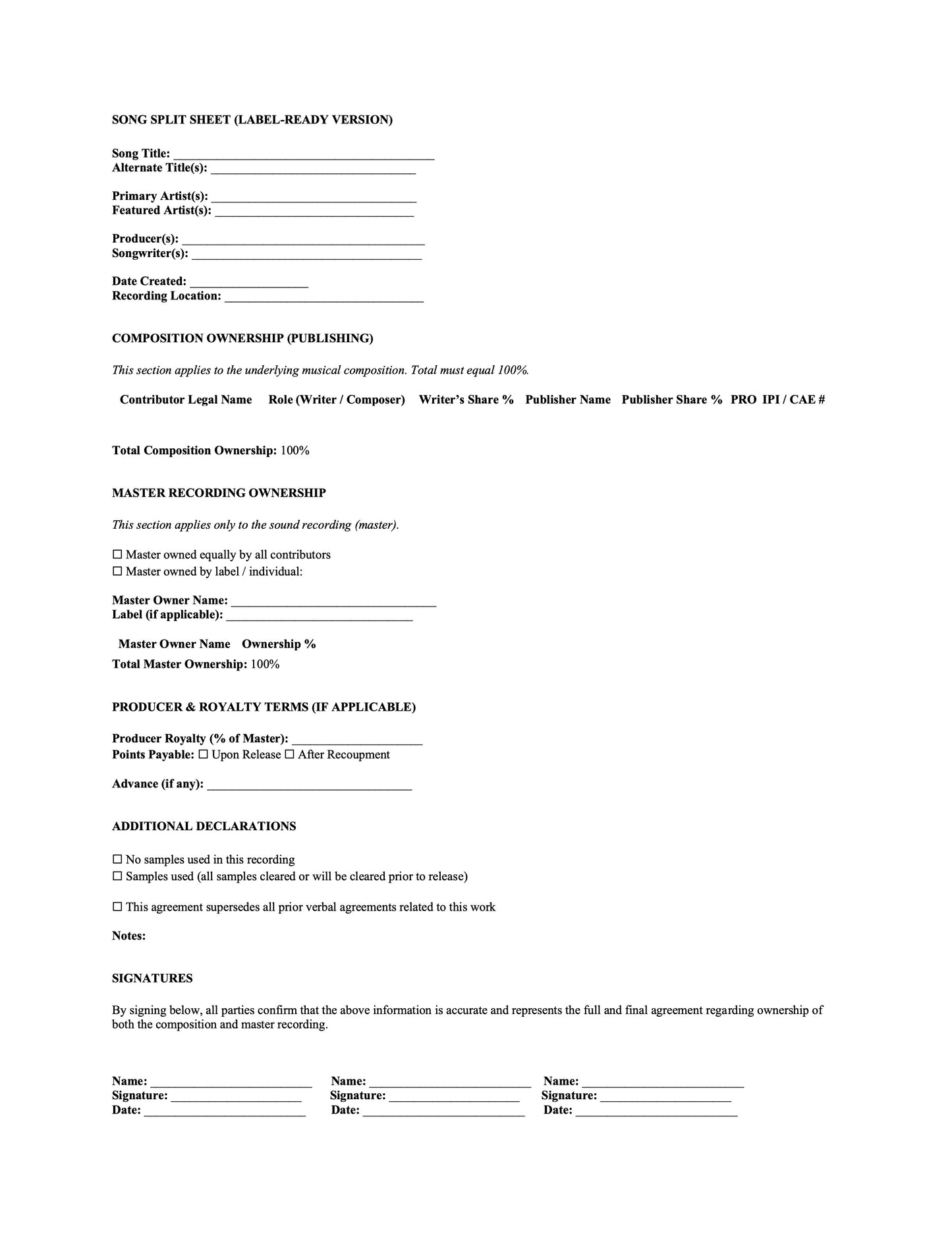 Song split sheet form with various sections for music industry documentation on a white background Stephen Allen Music