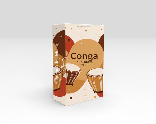Product packaging for 'Conga One-Shots Vol. 1' by Steven Allen Music on a light gray background