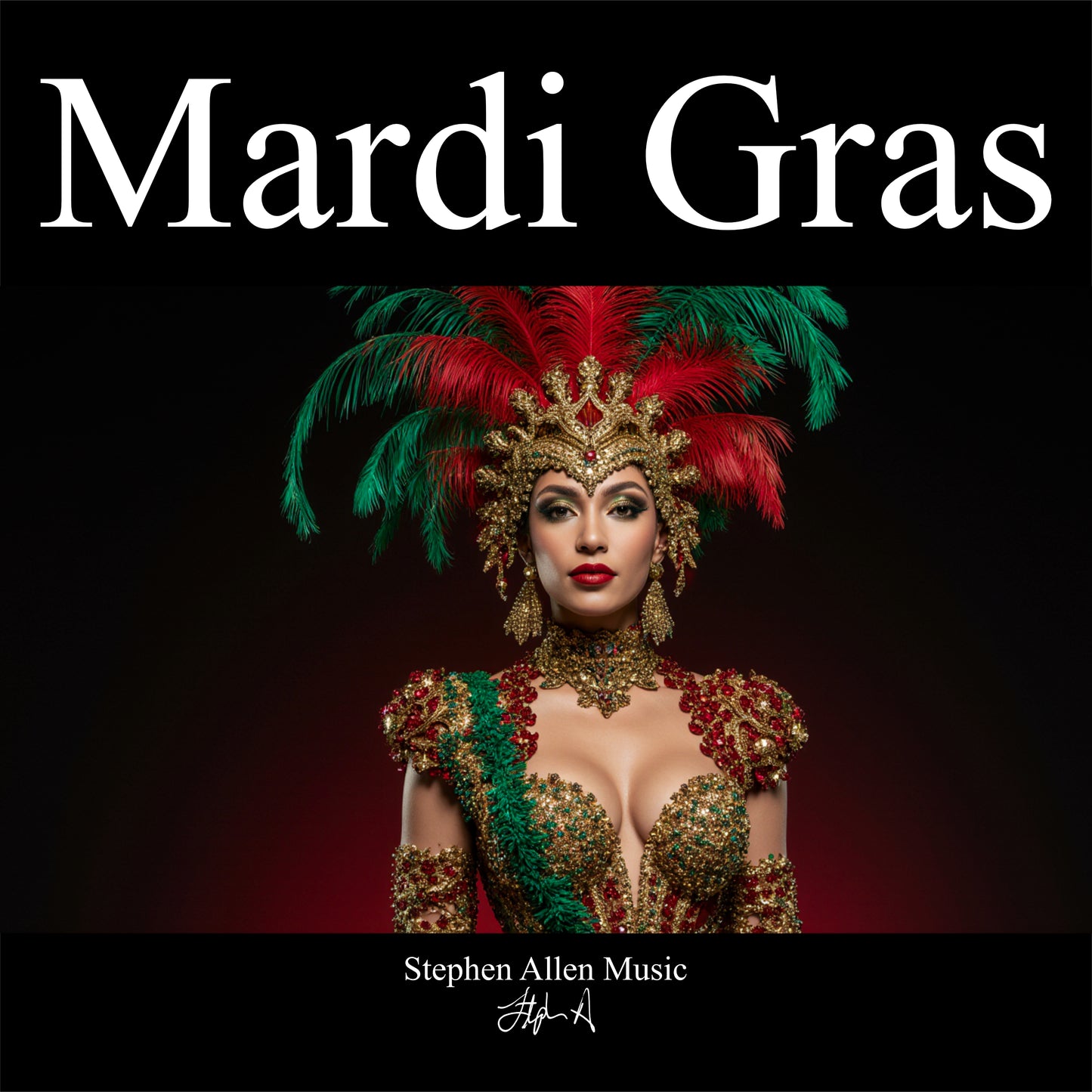 Album cover for 'Mardi Gras' by Stephen Allen Music with a person in elaborate costume and headdress.