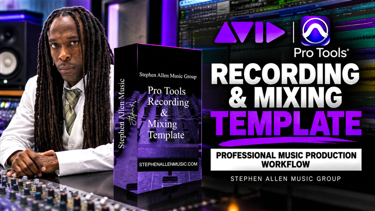 Promotional graphic for an Avid Pro Tools recording and mixing template, featuring a man in a studio setting beside a purple software box mockup and large text reading 'Recording & Mixing Template' with Avid and Pro Tools branding. Stephen Allen Music Group