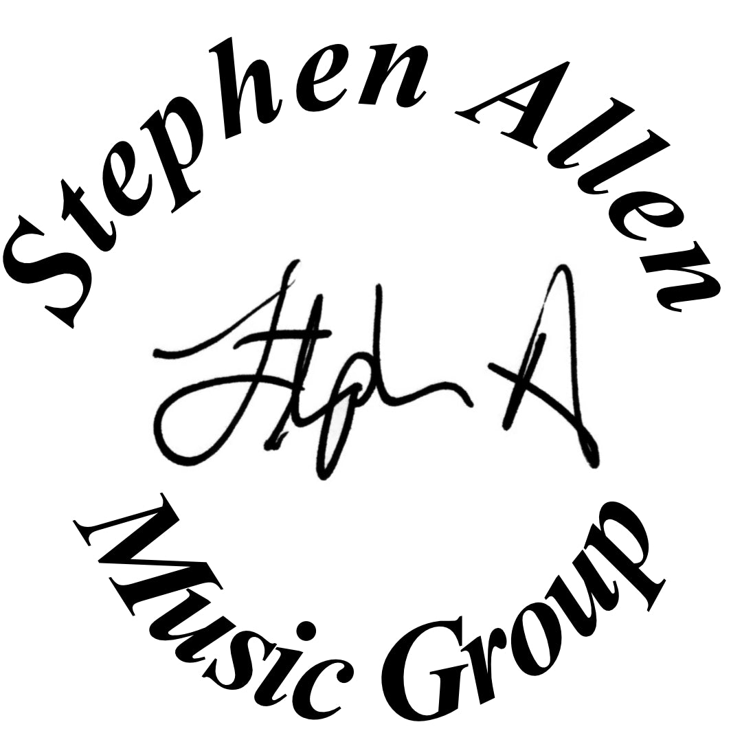 Circular logo for Stephen Allen Music Group with stylized text and signature.