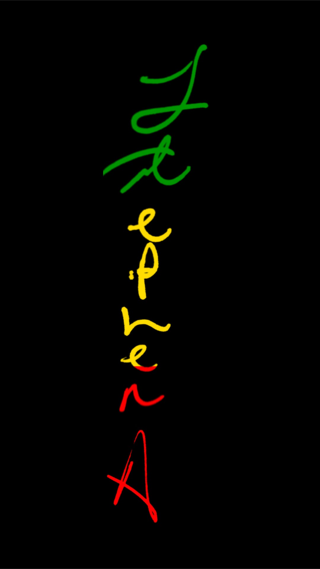 Neon sign with vertical text in green, yellow, and red on a black background Stephen Allen Music