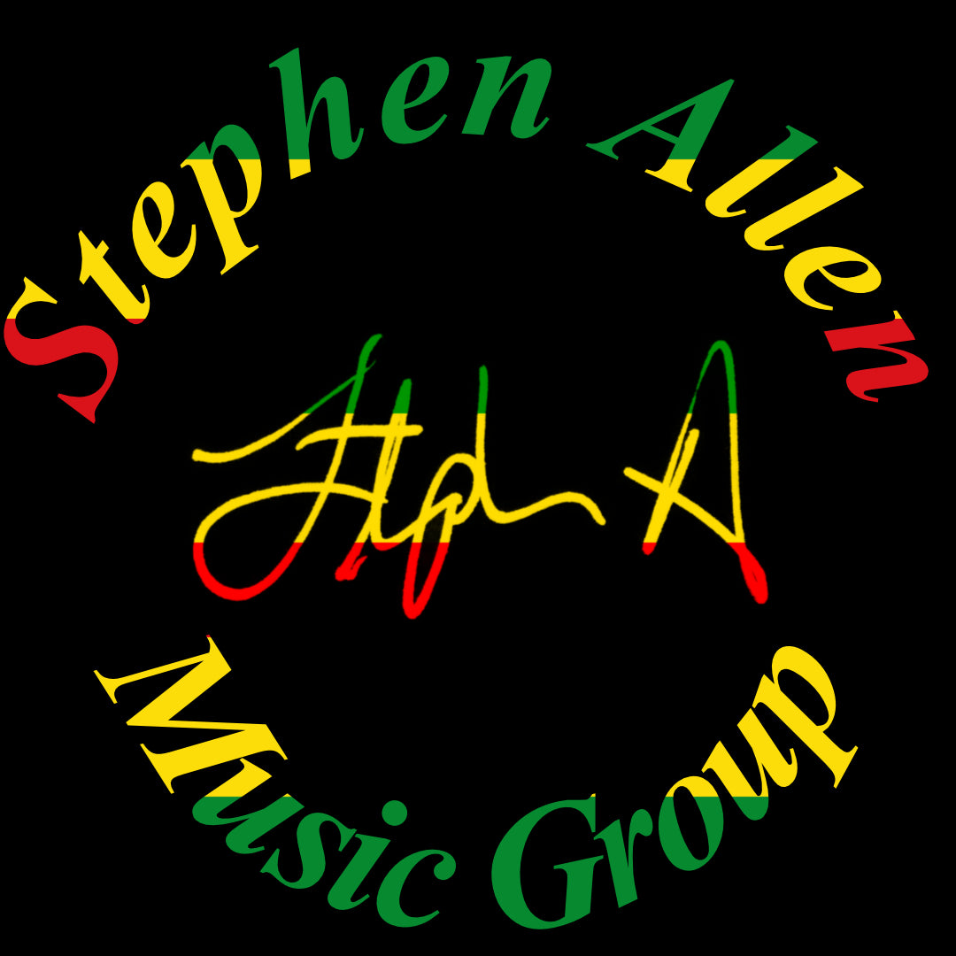 Circular logo for Stephen Allen Music Group with colorful text on a black background