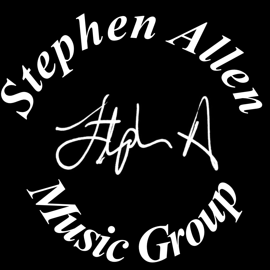 Circular logo for Stephen Allen Music Group with stylized text and signature.