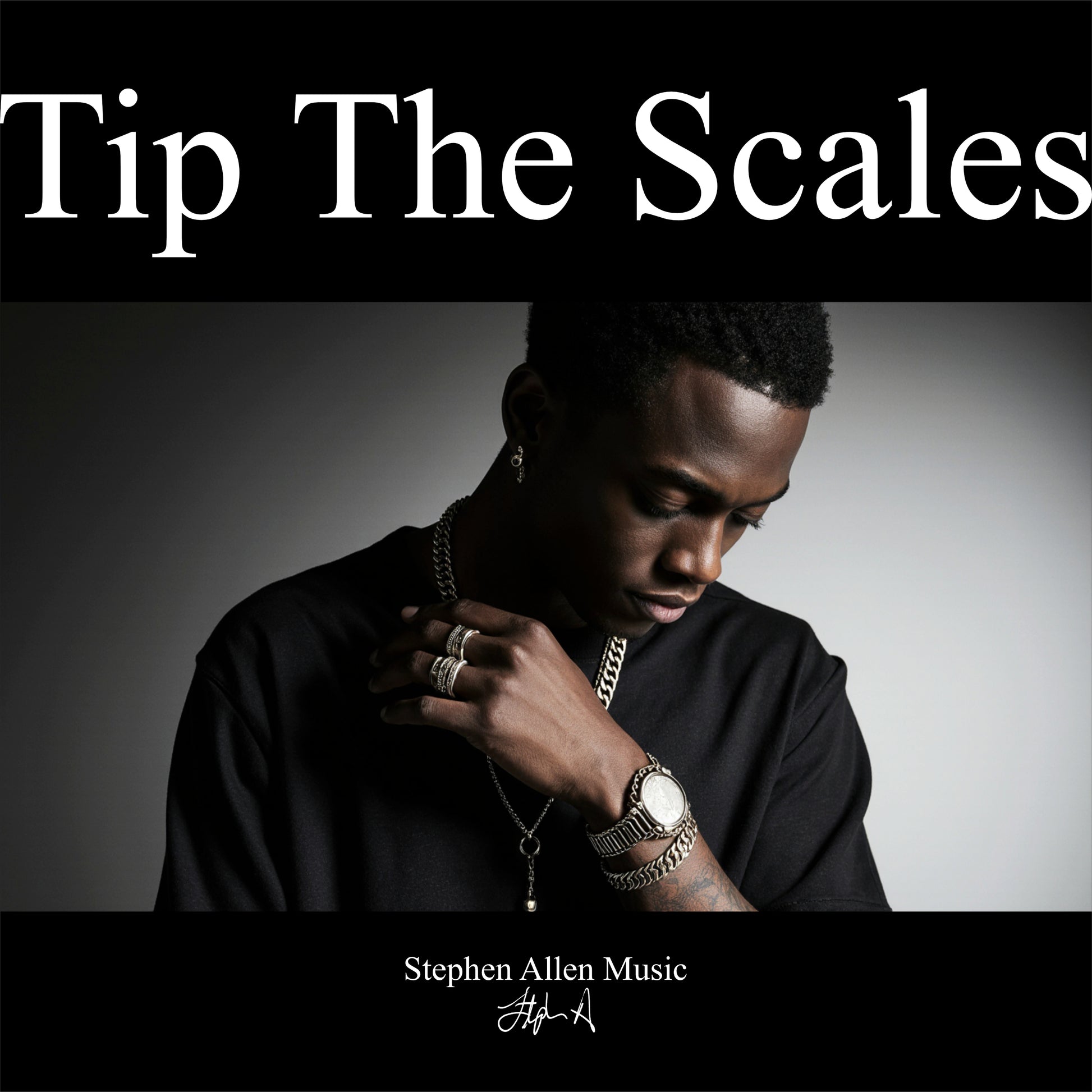 Album cover with a person adjusting jewelry, text 'Tip The Scales' and 'Stephen Allen Music'.