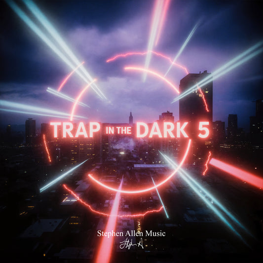 Album cover for 'Trap in the Dark 5' by Stephen Allen Music with neon lights over a cityscape.