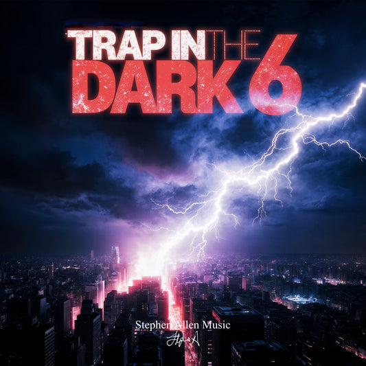 Album cover for 'Trap in the Dark 6' with lightning over a cityscape. Stephen Allen Music