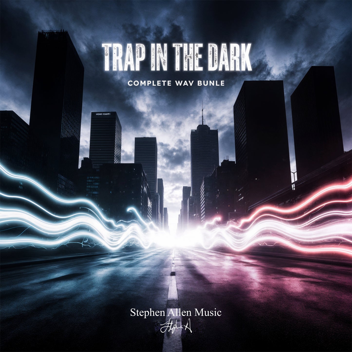 Album cover for 'Trap in the Dark' by Stephen Allen Music with a cityscape and neon lights.