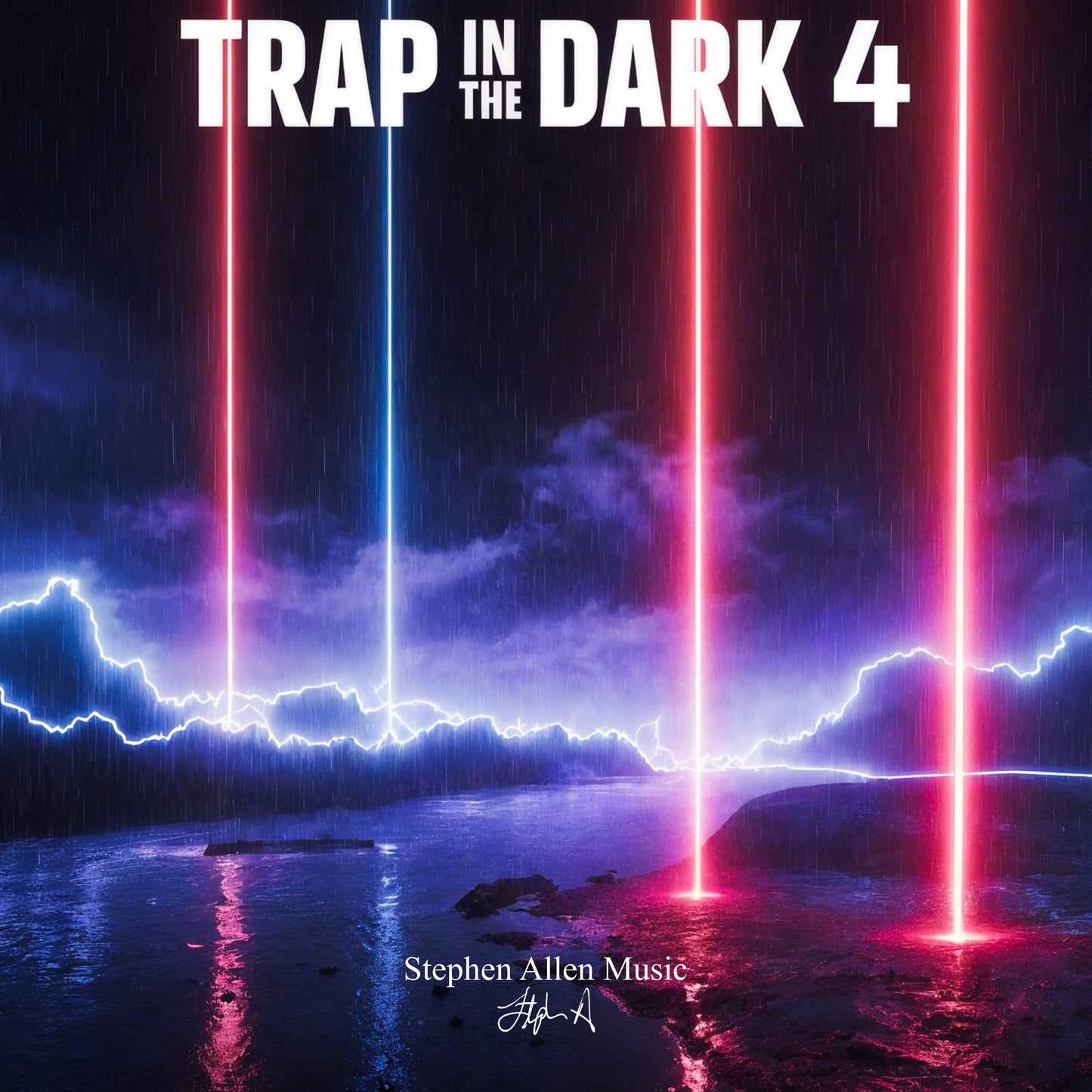 Album cover for 'Trap in the Dark 4' with neon lights over a mountainous landscape. Stephen Allen Music