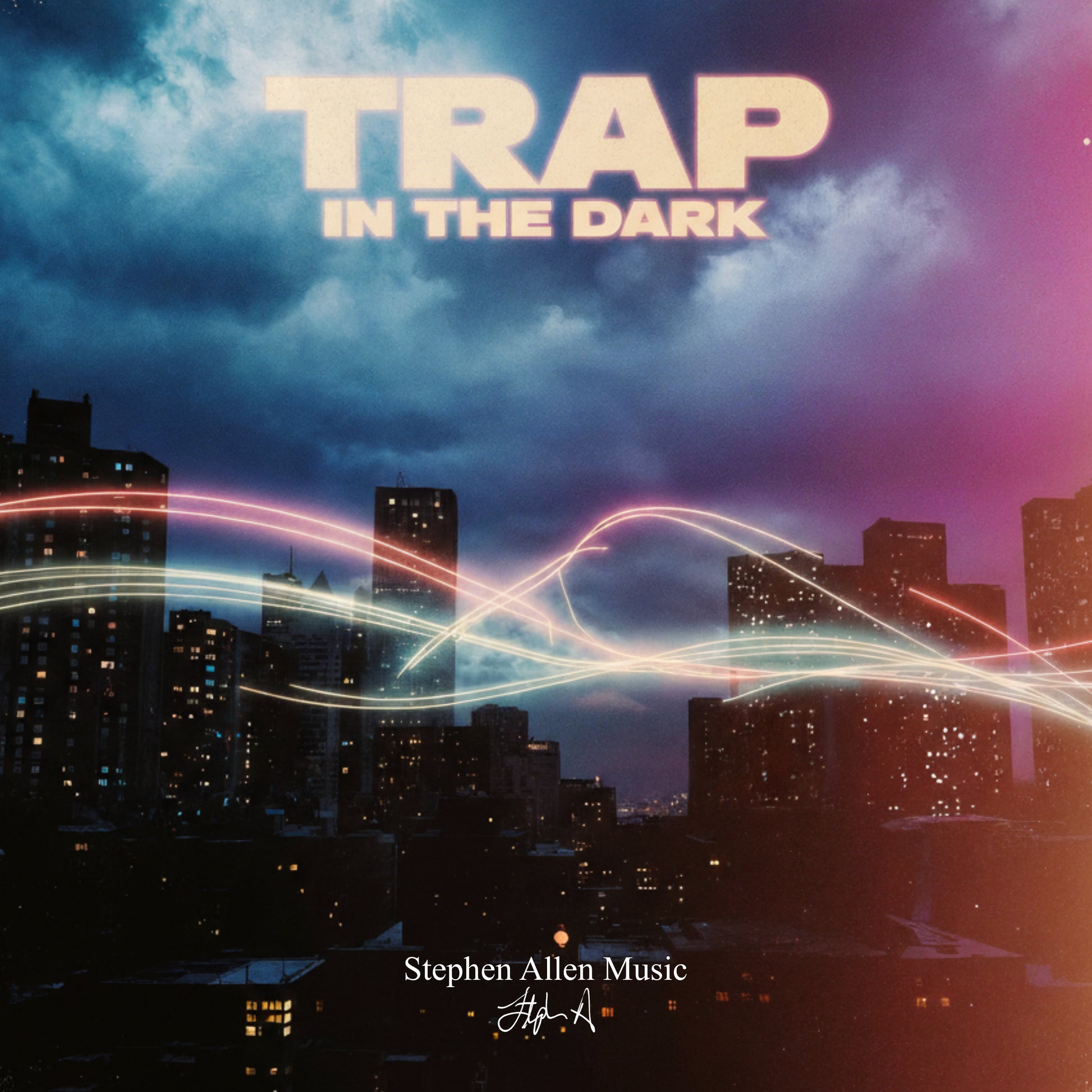 Album cover with cityscape and text 'Trap in the Dark' by Stephen Allen Music