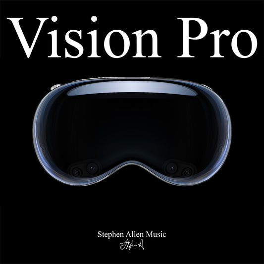 Vision Pro headset on a black background with 'Stephen Allen Music' branding.