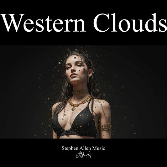 Album cover with a person in a black outfit against a dark background, featuring the text 'Western Clouds' and 'Stephen Allen Music'.