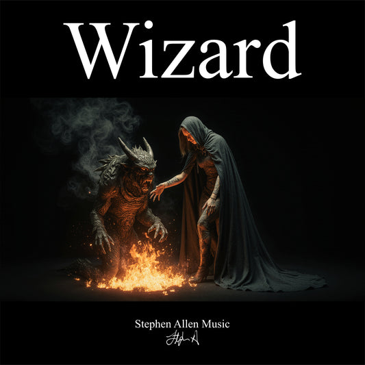 Album cover with a wizard and creature interacting over fire, labeled 'Wizard' by Stephen Allen Music.