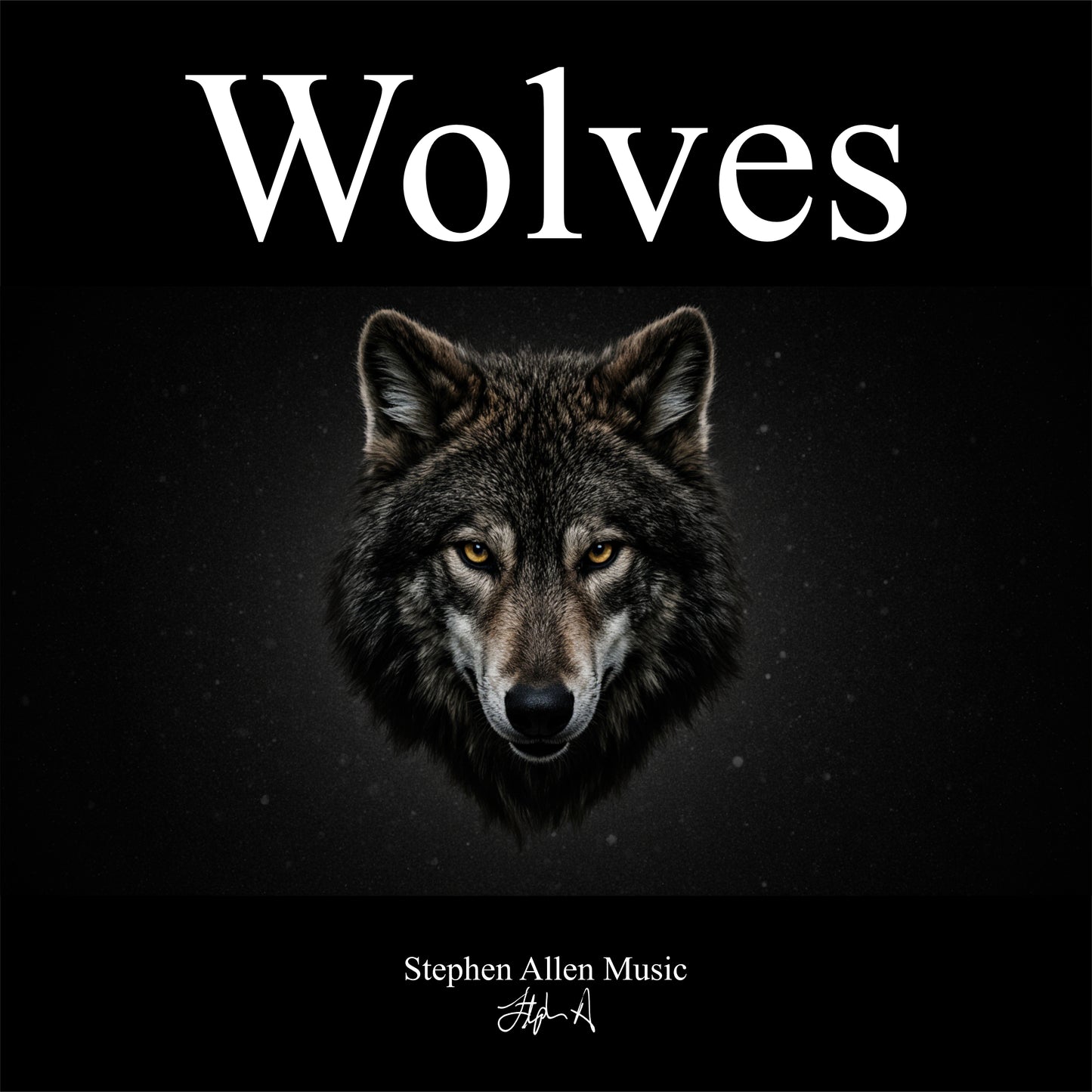 Album cover with a wolf's face and the word 'Wolves' on a dark background, featuring Stephen Allen Music.