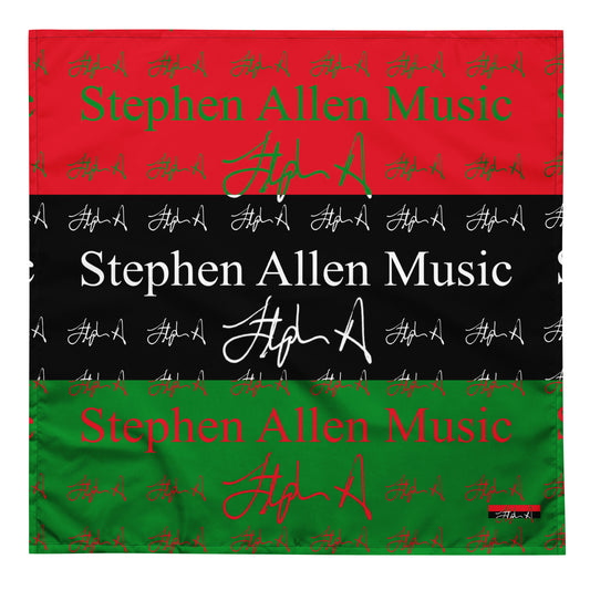 A square graphic print featuring the text 'Stephen Allen Music' repeated across horizontal red, black, and green bands, with stylized signature graphics in each color.