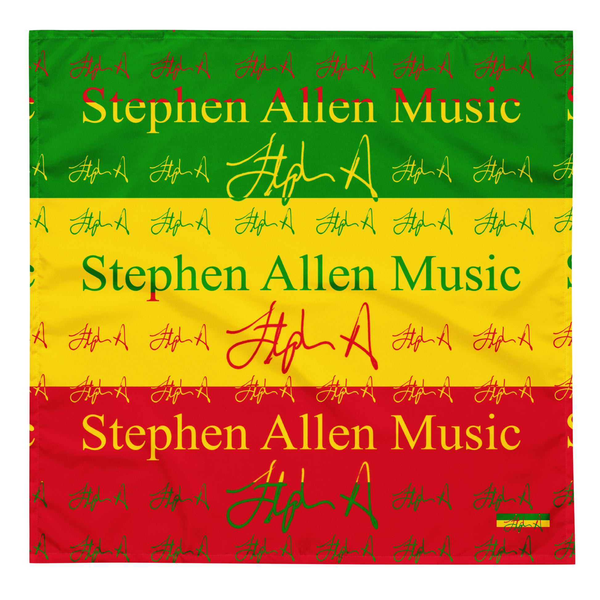 A square bandana or scarf featuring a Rastafarian-inspired horizontal stripe pattern of green, yellow, and red, with 'Stephen Allen Music' printed across the center and repeated stylized signatures.