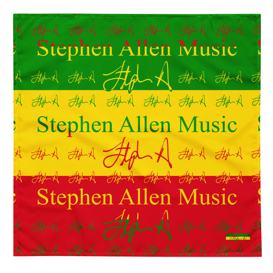 A square bandana or scarf featuring a Rastafarian-inspired horizontal stripe pattern of green, yellow, and red, with 'Stephen Allen Music' printed across the center and repeated stylized signatures.