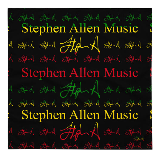 A square graphic print featuring a black background with the text 'Stephen Allen Music' repeated in yellow, red, and green, interspersed with stylized 'S.A. Stephen Allen Music