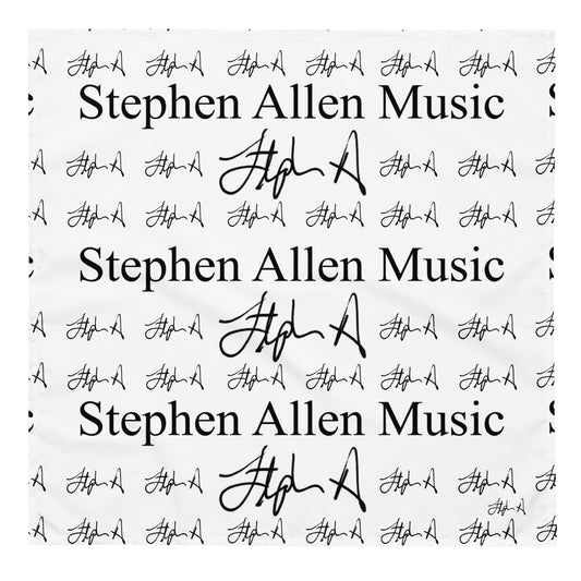 A white rectangular fabric or paper print featuring a repeating pattern of 'Stephen Allen Music' in black serif and script text, with a stylized 'S.A. Stephen Allen Music
