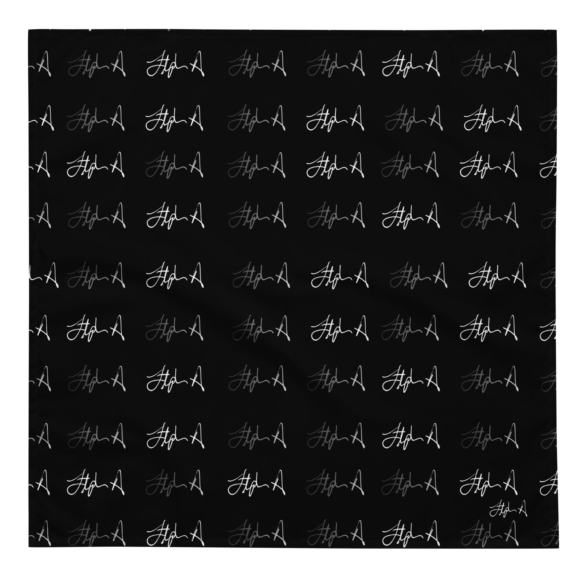 A square black fabric item, likely a bandana or napkin, featuring a repeating pattern of stylized white script logos that spell out 'Alpha A'. Stephen Allen Music
