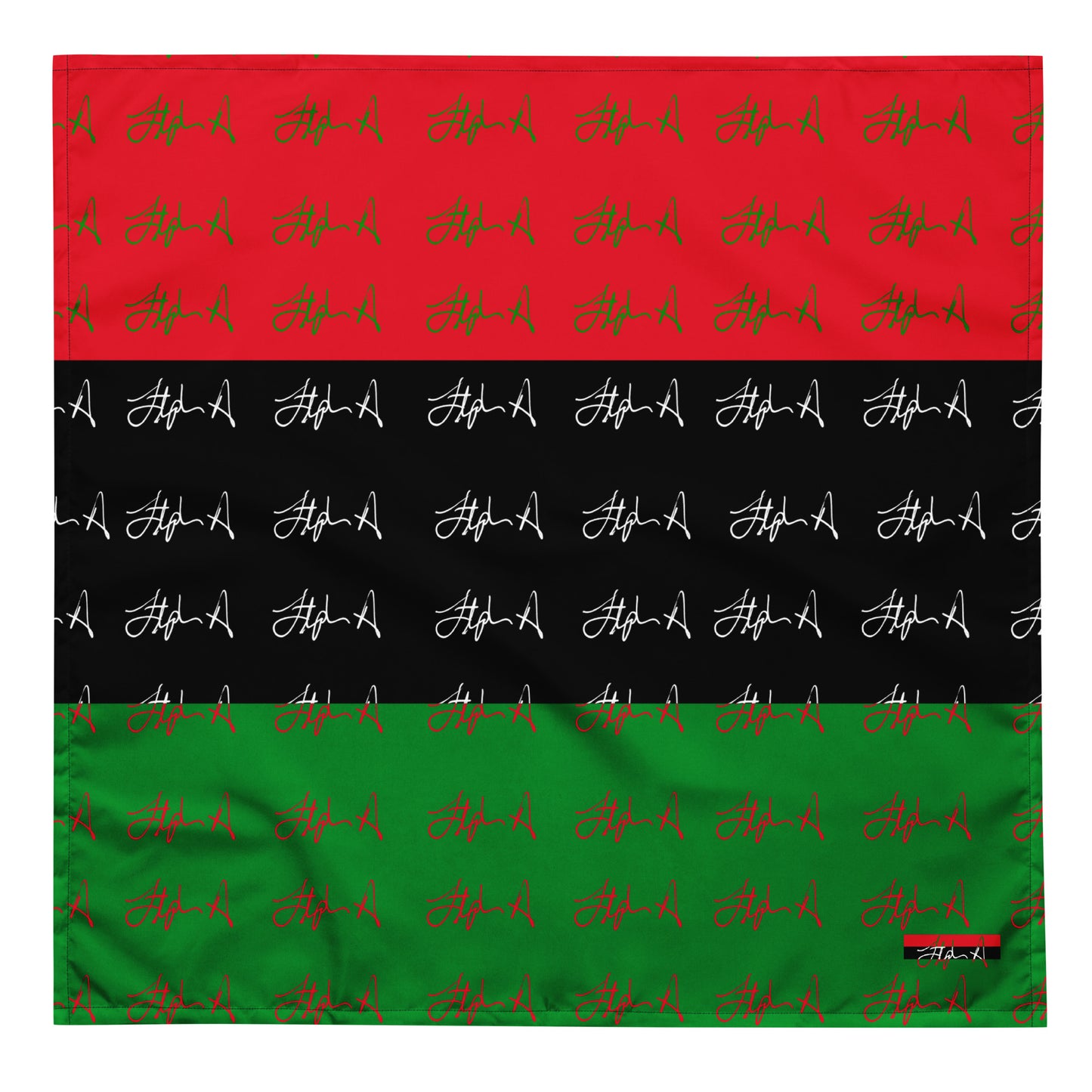 A square bandana featuring the Palestinian flag design with horizontal stripes of red, black, and green, each printed with a repeating pattern of white and green Arabic calligraphy. Stephen Allen Music