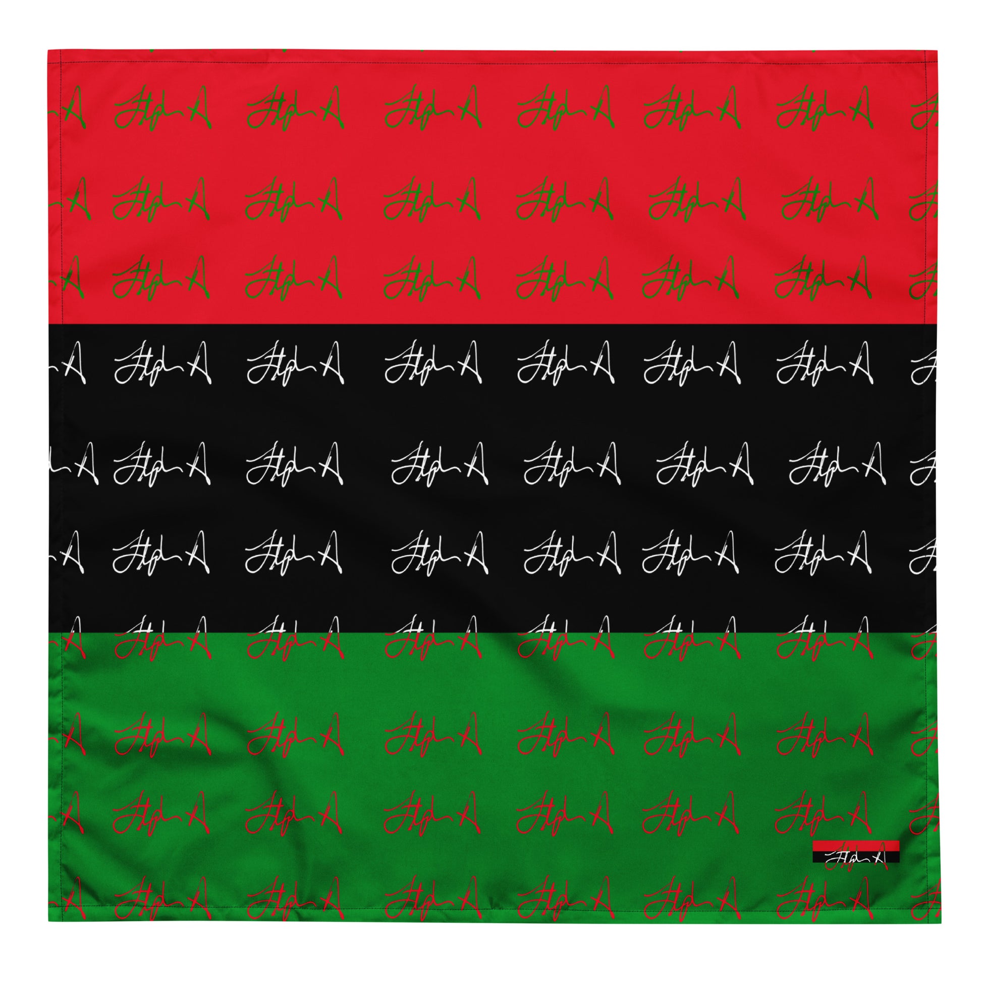 A square bandana featuring the Palestinian flag design with horizontal stripes of red, black, and green, each printed with a repeating pattern of white and green Arabic calligraphy. Stephen Allen Music