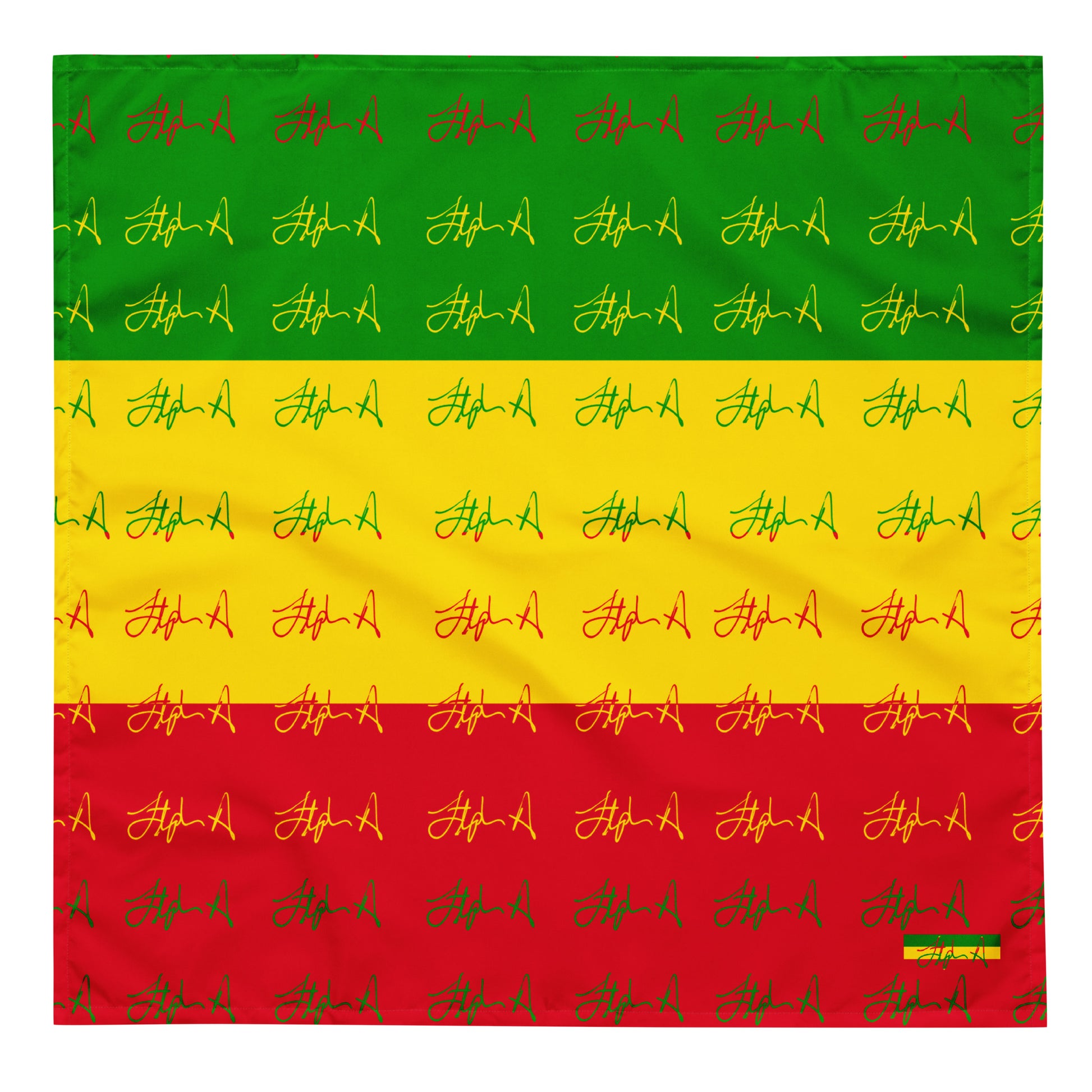 A square bandana featuring a Rastafarian flag-inspired pattern of horizontal green, yellow, and red stripes, overlaid with a repeating pattern of small yellow and green script signatures. Stephen Allen Music