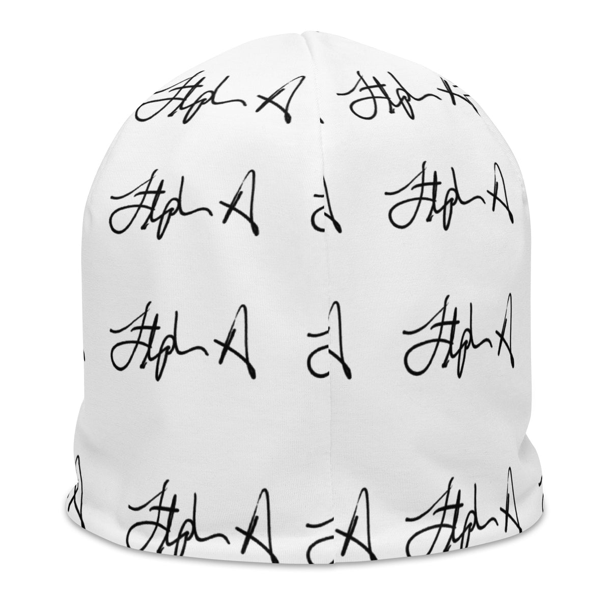 A white beanie hat featuring an all-over black script pattern, shown against a plain white background. Stephen Allen Music
