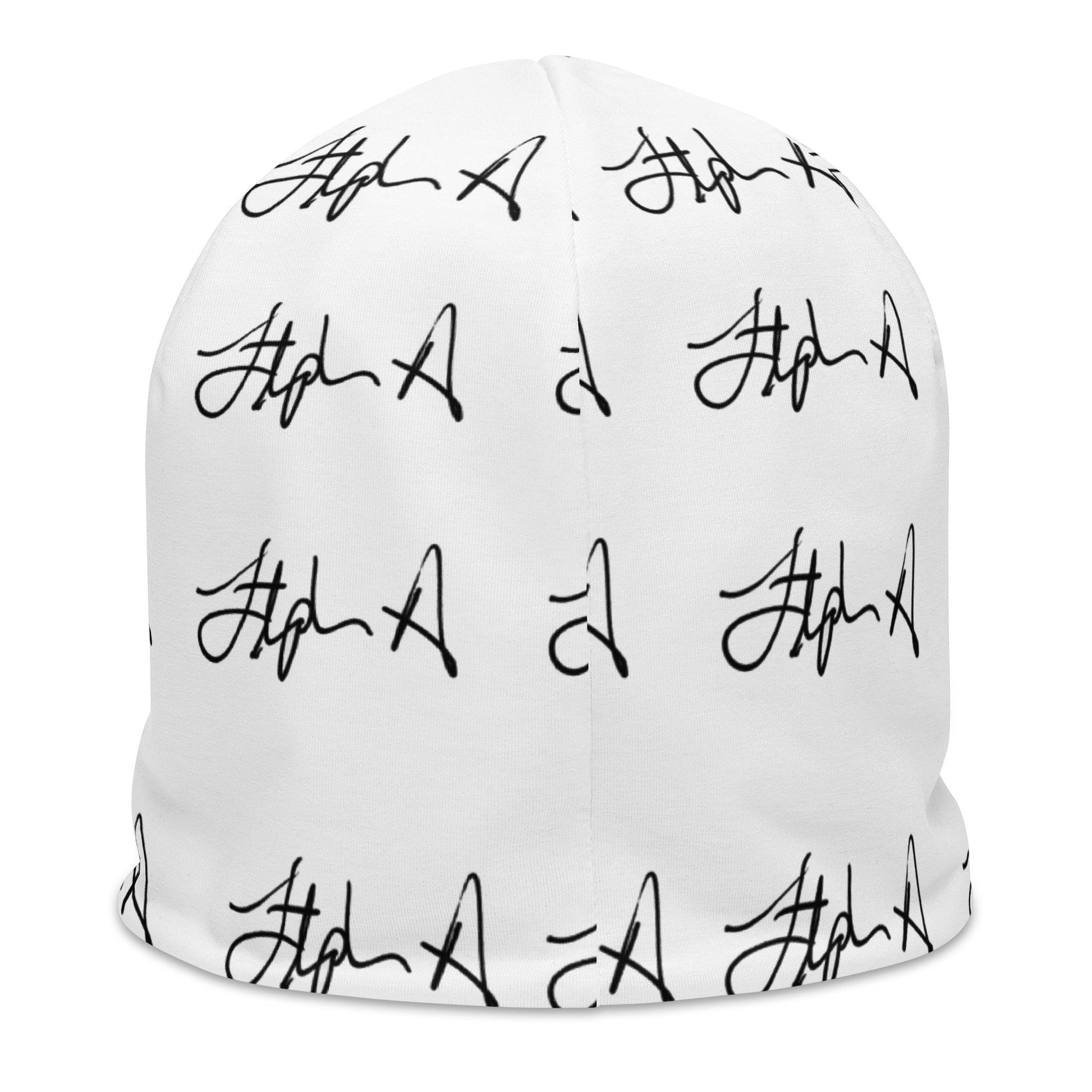 A white beanie hat featuring an all-over black script pattern, shown against a plain white background. Stephen Allen Music