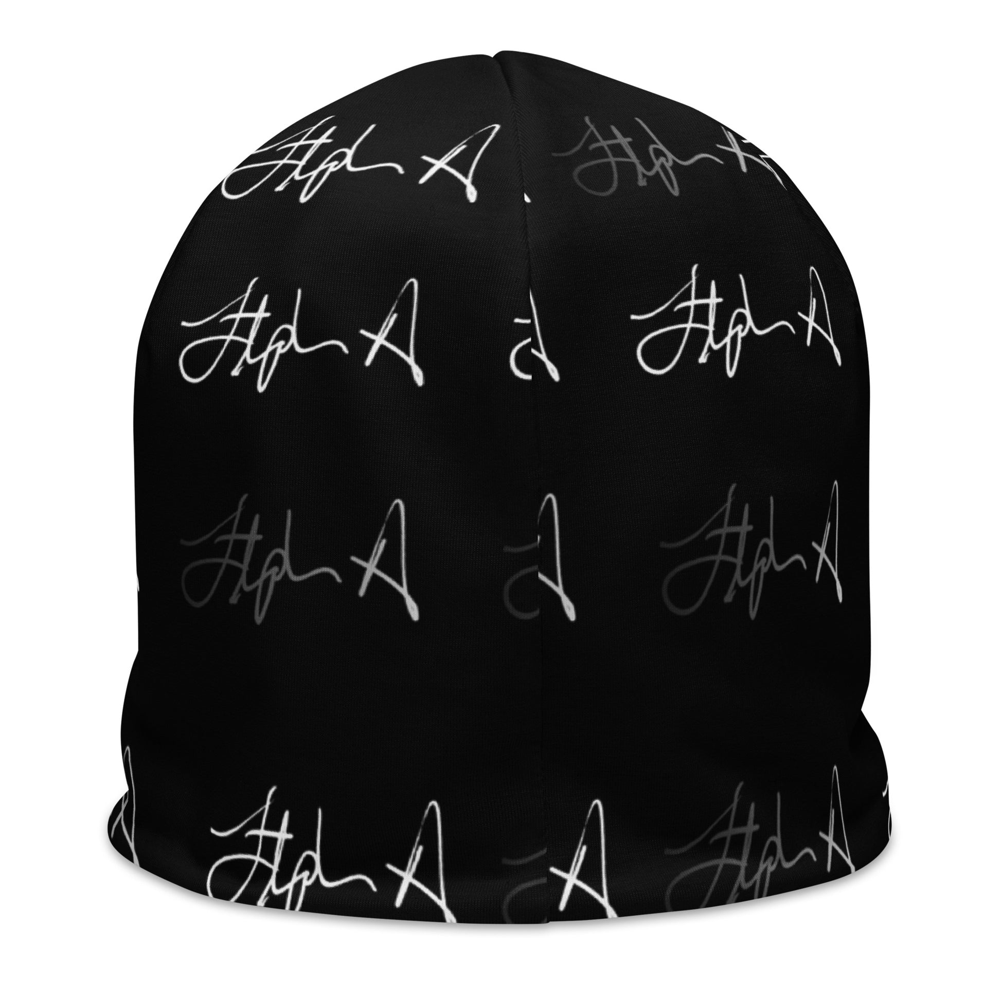 A black beanie hat featuring an all-over repeating white script logo pattern, shown against a plain white background. Stephen Allen Music