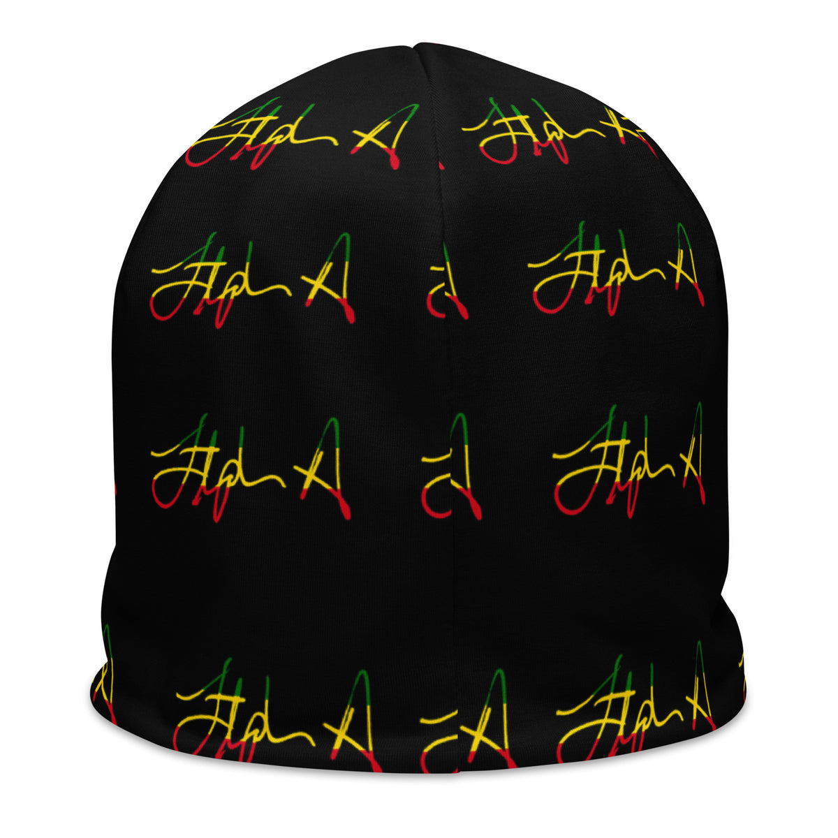 A black beanie hat featuring a repeating pattern of stylized cursive script in red, yellow, and green, resembling the Rastafarian flag colors. Stephen Allen Music
