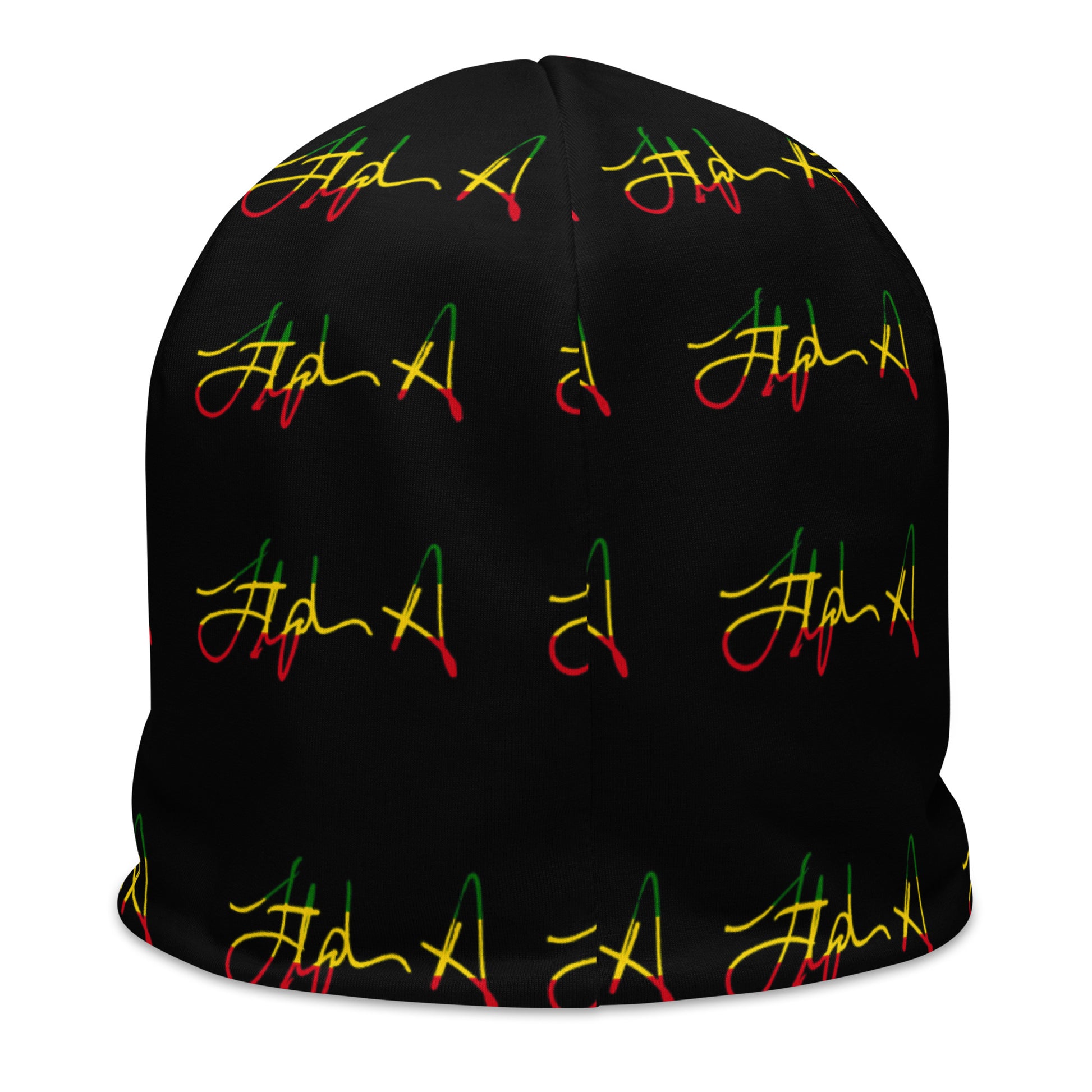 A black beanie hat featuring a repeating pattern of stylized cursive script in red, yellow, and green, resembling the Rastafarian flag colors. Stephen Allen Music