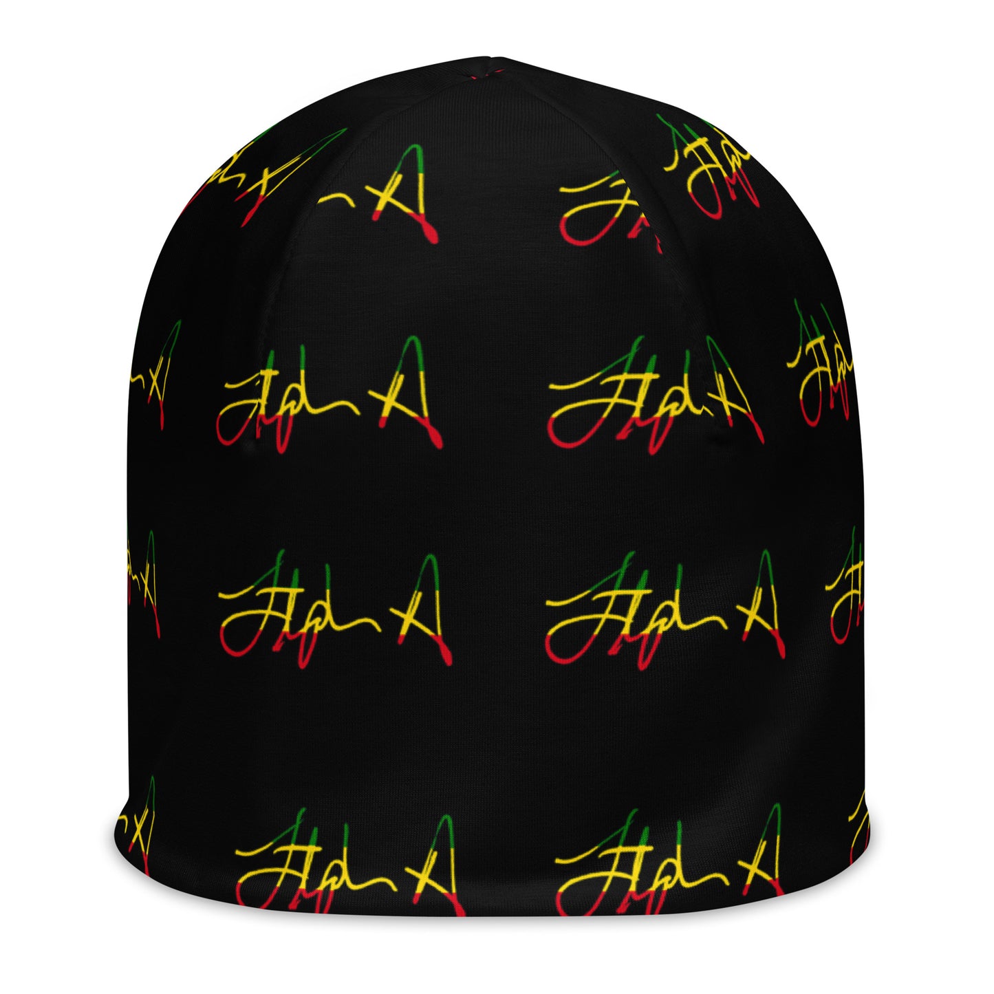 A black beanie hat featuring a repeating pattern of stylized cursive script in red, yellow, and green, resembling the Rastafarian flag colors. Stephen Allen Music