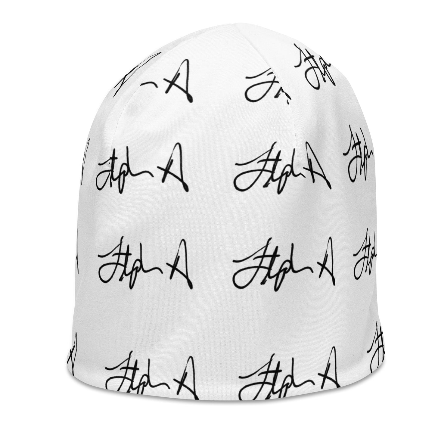 A white beanie hat featuring an all-over black script pattern, shown against a plain white background. Stephen Allen Music
