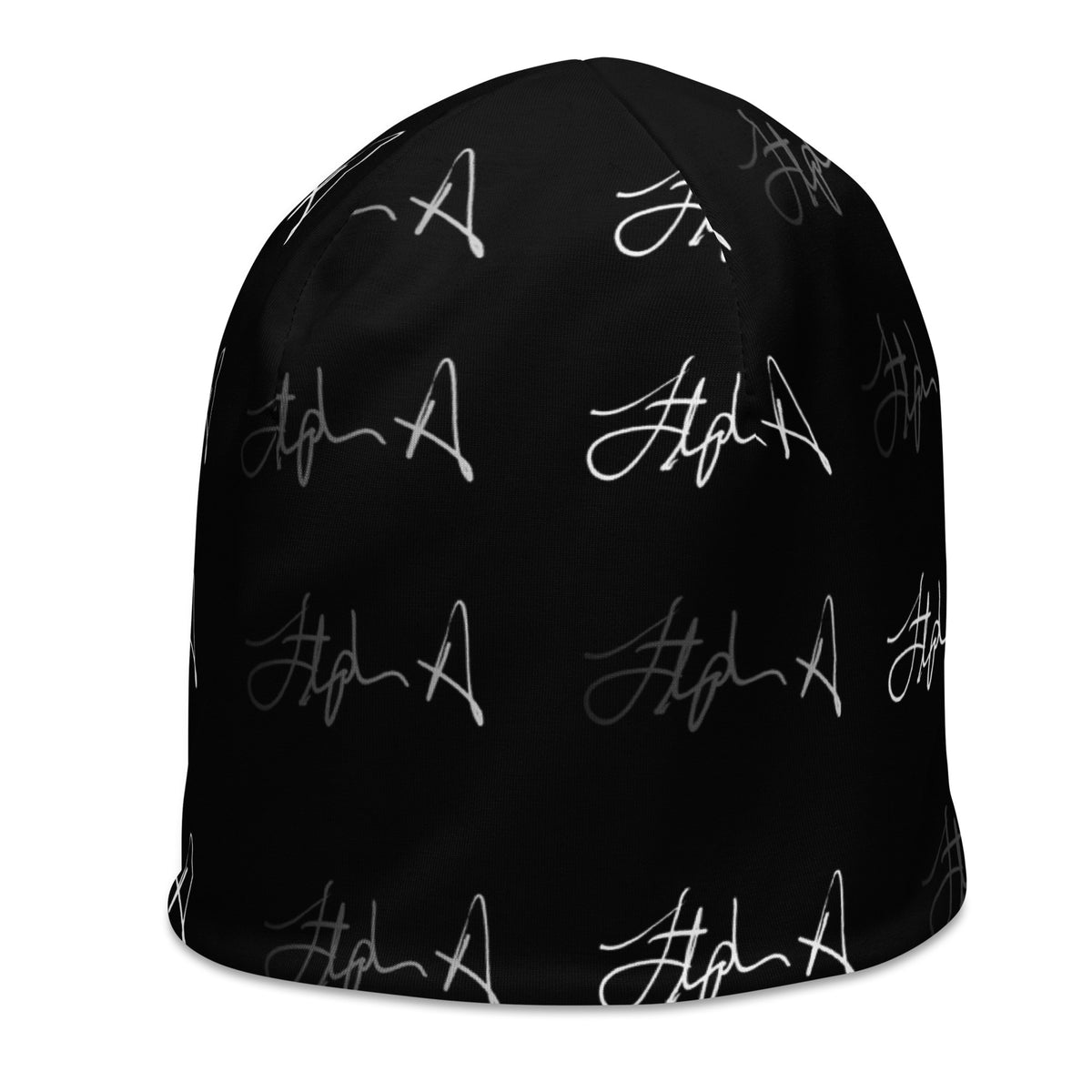 A black beanie hat featuring an all-over repeating white script logo pattern, shown against a plain white background. Stephen Allen Music
