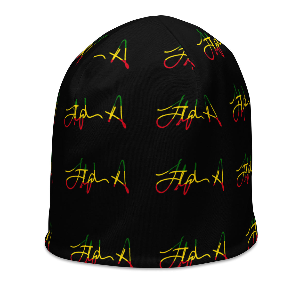 A black beanie hat featuring a repeating pattern of stylized cursive script in red, yellow, and green, resembling the Rastafarian flag colors. Stephen Allen Music