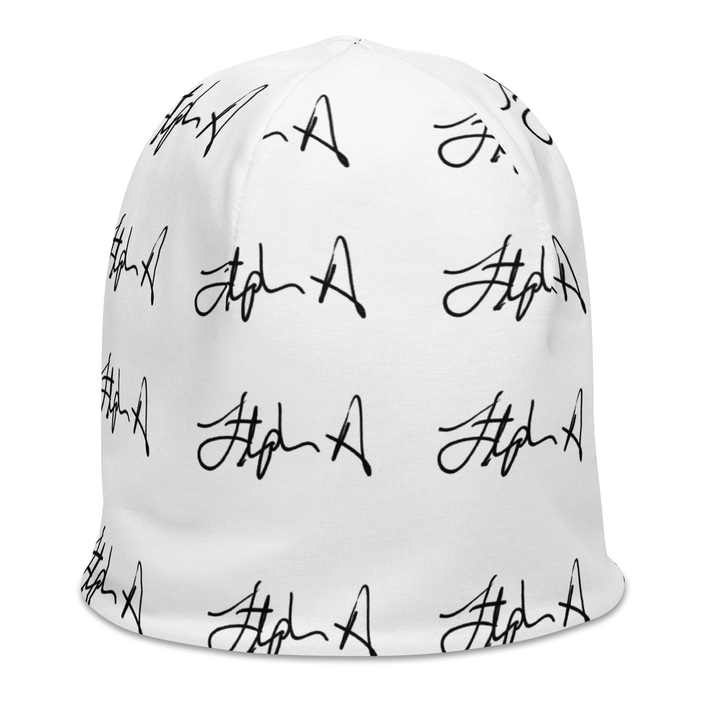 A white beanie hat featuring an all-over black script pattern, shown against a plain white background. Stephen Allen Music